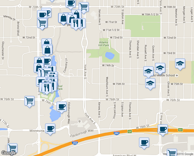 map of restaurants, bars, coffee shops, grocery stores, and more near 7425 York Terrace in Minneapolis