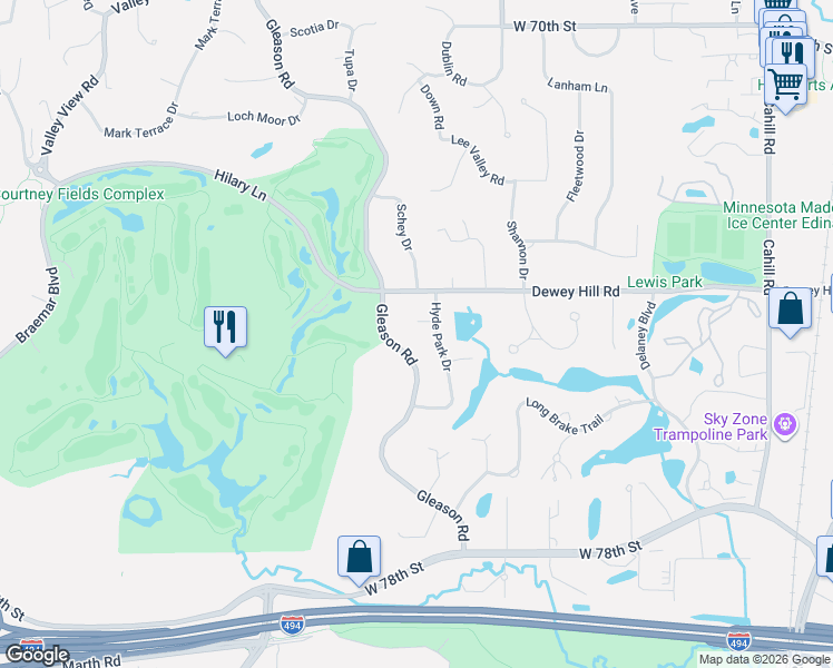 map of restaurants, bars, coffee shops, grocery stores, and more near 7424 Hyde Park Drive in Minneapolis