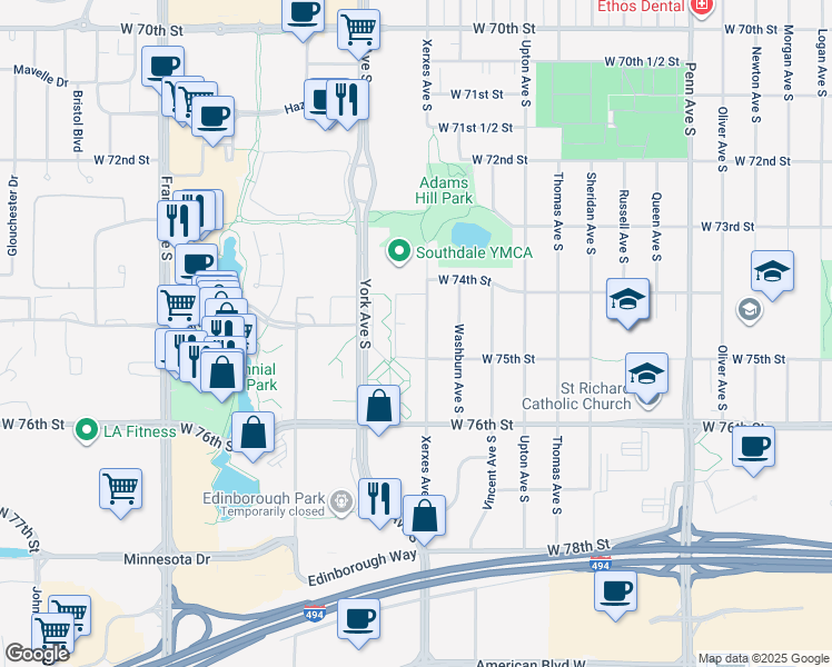 map of restaurants, bars, coffee shops, grocery stores, and more near 7425 York Terrace in Minneapolis
