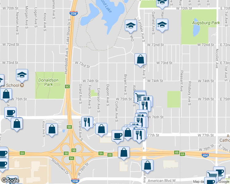 map of restaurants, bars, coffee shops, grocery stores, and more near 7428 Colfax Avenue South in Minneapolis