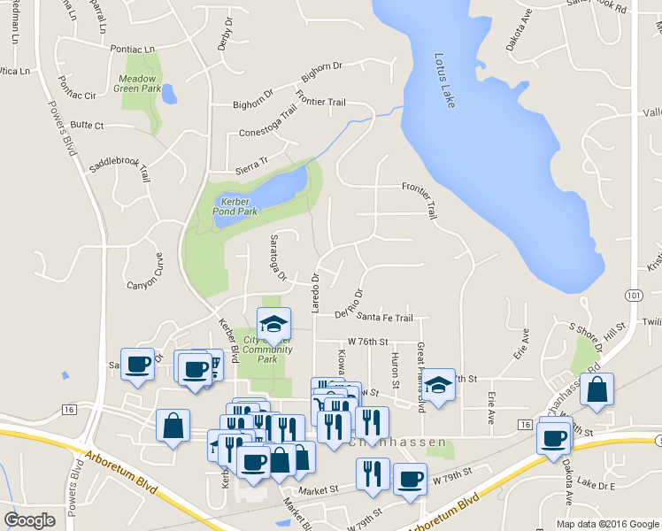 map of restaurants, bars, coffee shops, grocery stores, and more near 502 Laredo Lane in Chanhassen