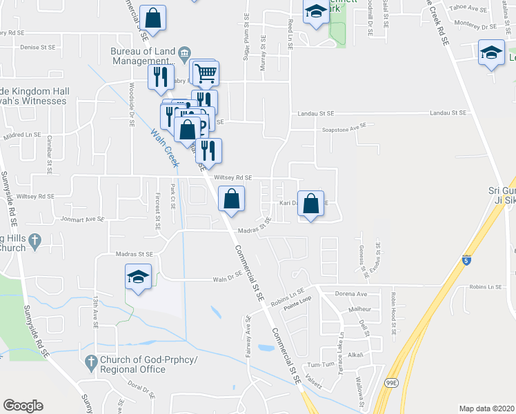 map of restaurants, bars, coffee shops, grocery stores, and more near 6027 Blue River Drive Southeast in Salem