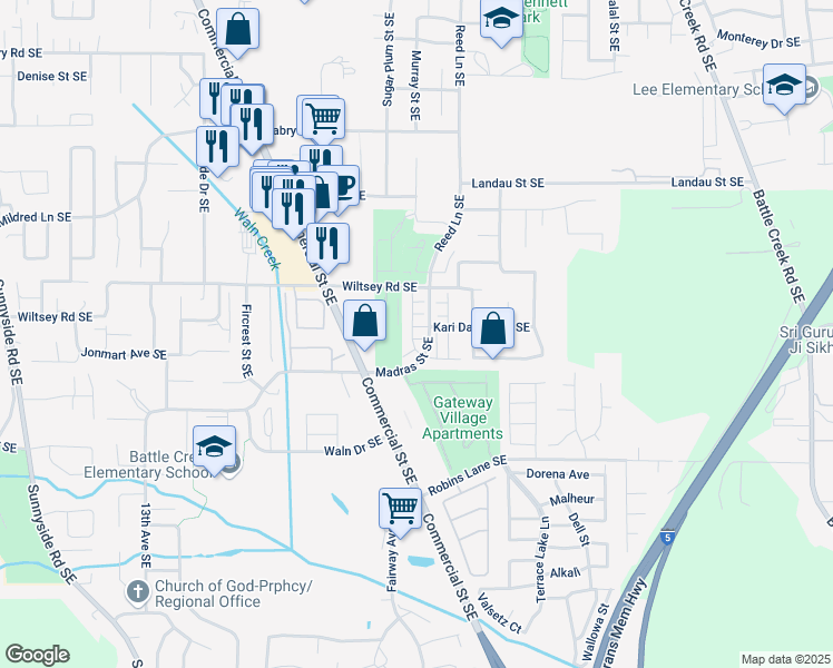 map of restaurants, bars, coffee shops, grocery stores, and more near 1906 Kari Dawn Avenue Southeast in Salem