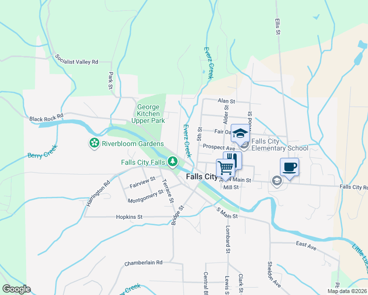 map of restaurants, bars, coffee shops, grocery stores, and more near 556 Mitchell Street in Falls City