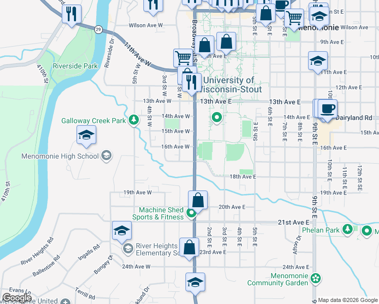 map of restaurants, bars, coffee shops, grocery stores, and more near 115 17th Avenue West in Menomonie