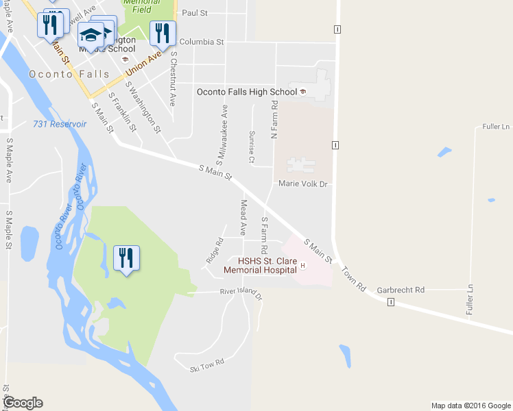 map of restaurants, bars, coffee shops, grocery stores, and more near 717 South Main Street in Oconto Falls