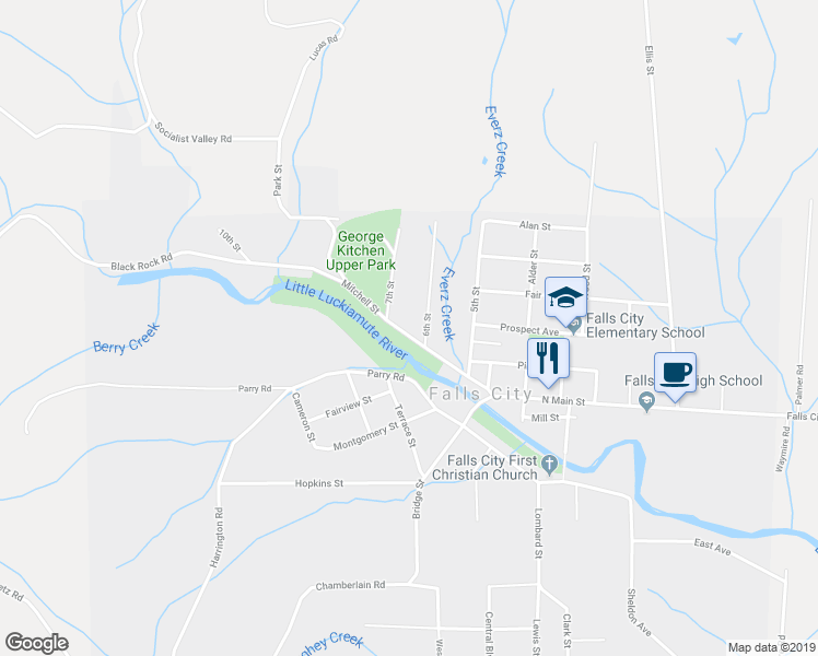 map of restaurants, bars, coffee shops, grocery stores, and more near 670 Mitchell Street in Falls City