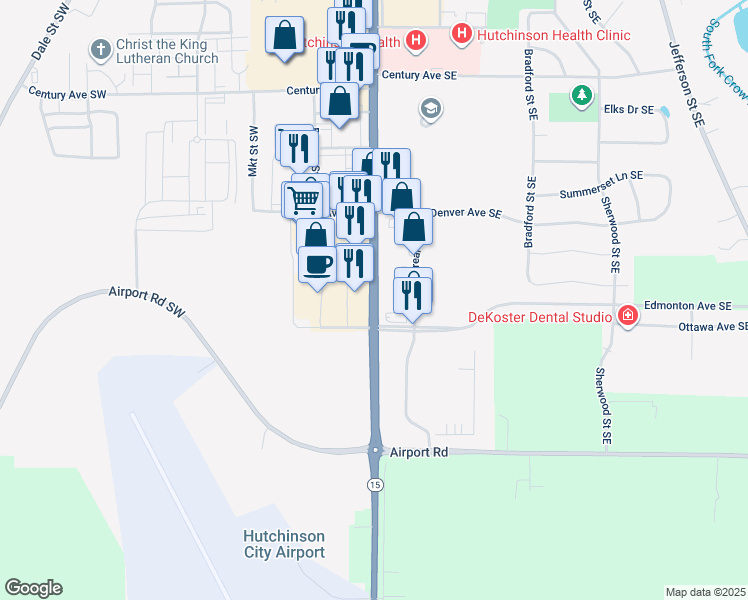map of restaurants, bars, coffee shops, grocery stores, and more near 1350 Highway 15 in Hutchinson