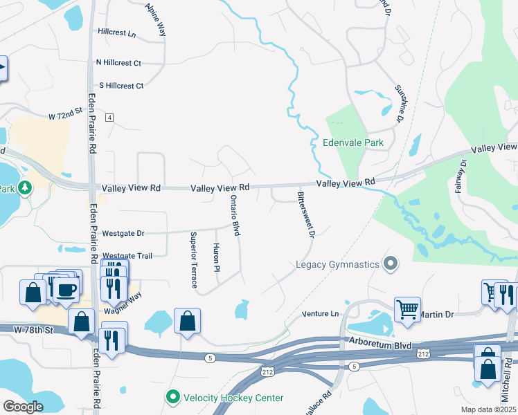 map of restaurants, bars, coffee shops, grocery stores, and more near 7436 Eide Knoll in Eden Prairie