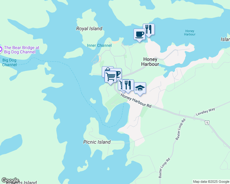 map of restaurants, bars, coffee shops, grocery stores, and more near 2619 Honey Harbour Road in Port Severn