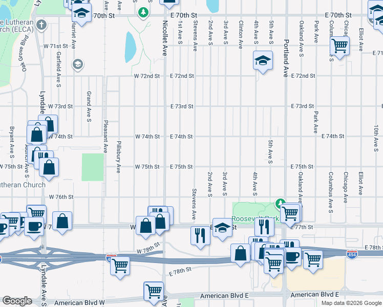 map of restaurants, bars, coffee shops, grocery stores, and more near 7426 Stevens Avenue in Minneapolis
