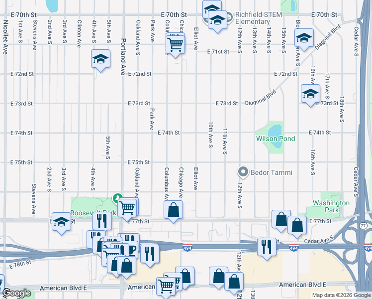 map of restaurants, bars, coffee shops, grocery stores, and more near 7427 Chicago Avenue South in Minneapolis