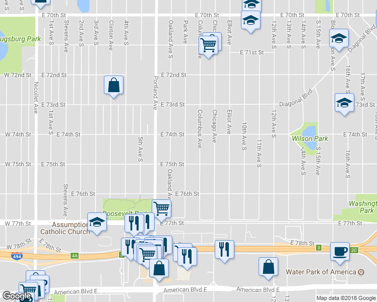 map of restaurants, bars, coffee shops, grocery stores, and more near 7427 Park Avenue in Minneapolis
