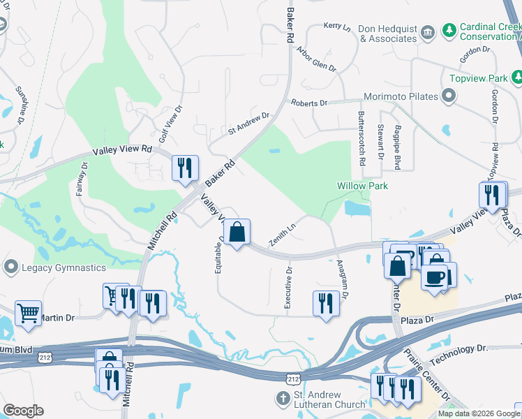 map of restaurants, bars, coffee shops, grocery stores, and more near 13700 Valley View Road in Eden Prairie