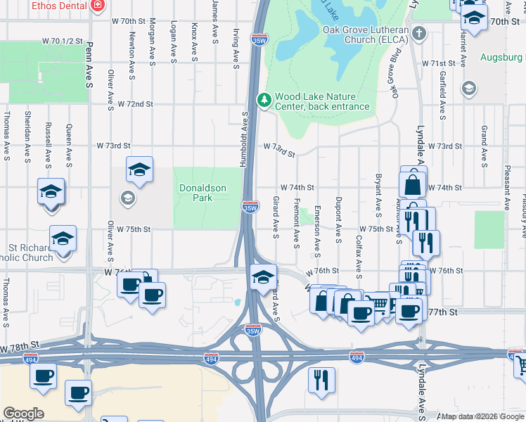 map of restaurants, bars, coffee shops, grocery stores, and more near 7427 Humboldt Avenue South in Minneapolis