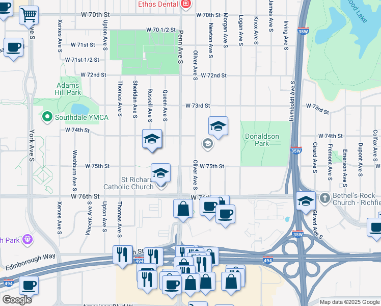 map of restaurants, bars, coffee shops, grocery stores, and more near 7434 Oliver Avenue South in Minneapolis