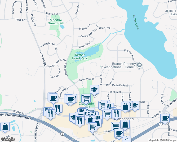 map of restaurants, bars, coffee shops, grocery stores, and more near 7492 Saratoga Dr in Chanhassen