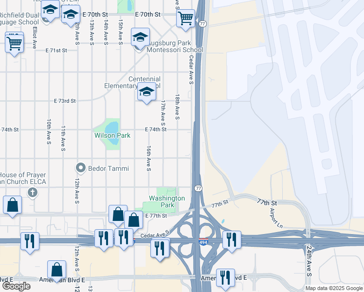 map of restaurants, bars, coffee shops, grocery stores, and more near 7425 18th Avenue South in Minneapolis