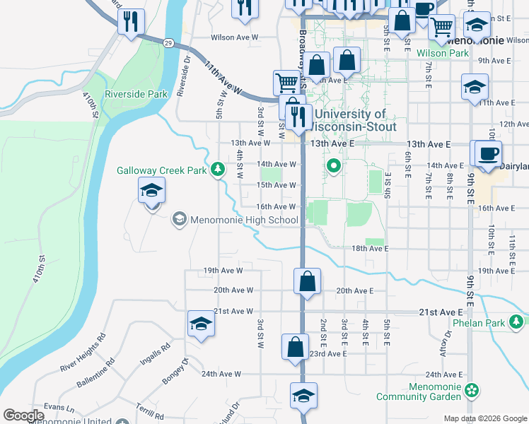 map of restaurants, bars, coffee shops, grocery stores, and more near 1602 3rd Street West in Menomonie