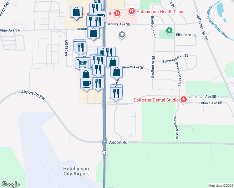 map of restaurants, bars, coffee shops, grocery stores, and more near 1420 Montreal Street in Hutchinson