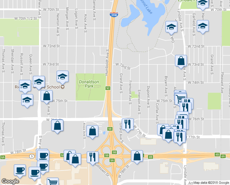 map of restaurants, bars, coffee shops, grocery stores, and more near 7427 Humboldt Avenue South in Minneapolis