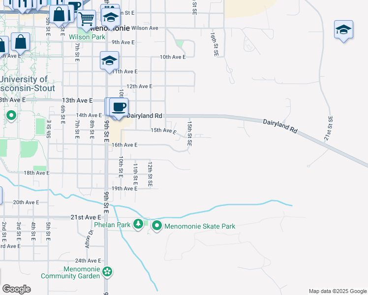 map of restaurants, bars, coffee shops, grocery stores, and more near 1409 16th Avenue East in Menomonie