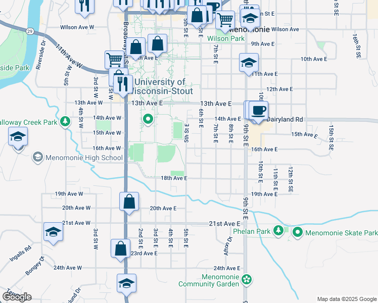 map of restaurants, bars, coffee shops, grocery stores, and more near 502 16th Avenue East in Menomonie