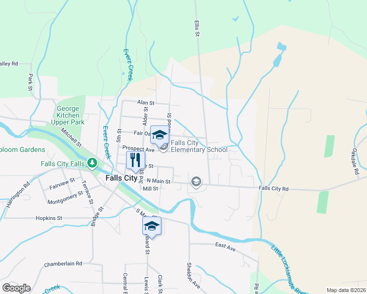 map of restaurants, bars, coffee shops, grocery stores, and more near 68 Prospect Avenue in Falls City