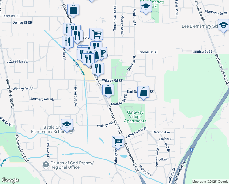 map of restaurants, bars, coffee shops, grocery stores, and more near 6027 Blue River Drive Southeast in Salem