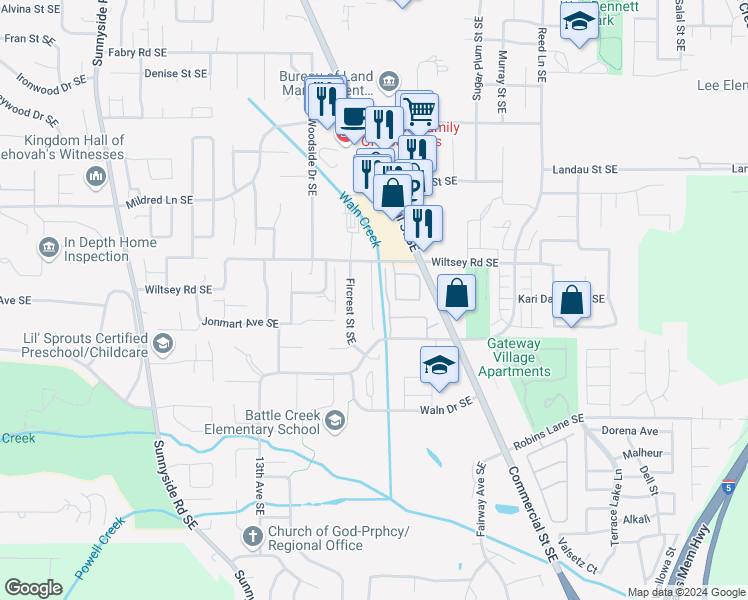 map of restaurants, bars, coffee shops, grocery stores, and more near 30 Park Court Southeast in Salem