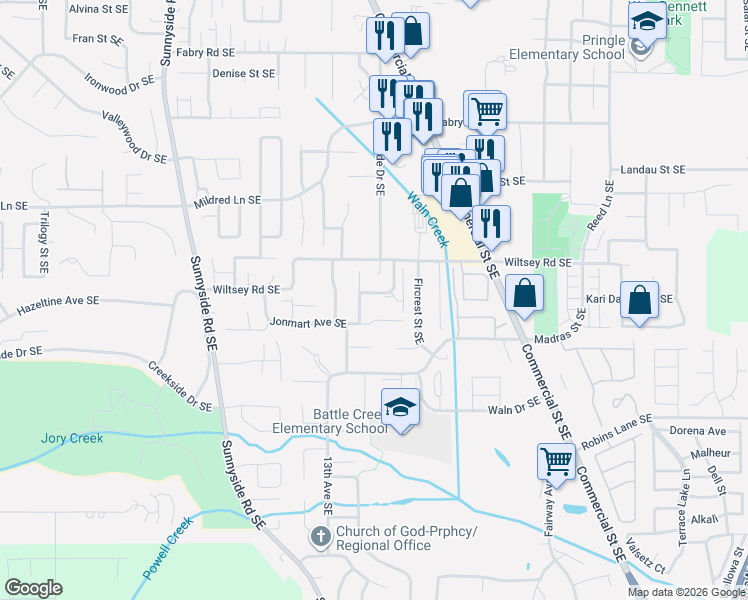 map of restaurants, bars, coffee shops, grocery stores, and more near 1460 Madelyn Avenue Southeast in Salem