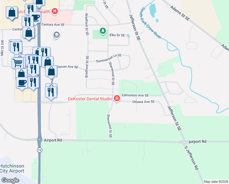map of restaurants, bars, coffee shops, grocery stores, and more near 200 Eau Claire Avenue Southeast in Hutchinson