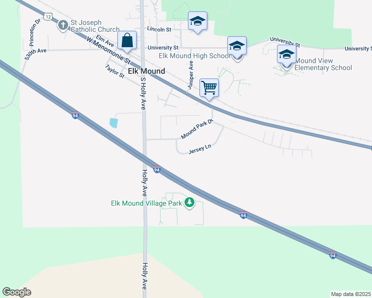 map of restaurants, bars, coffee shops, grocery stores, and more near 306 Jersey Lane in Elk Mound