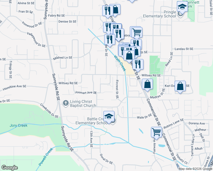 map of restaurants, bars, coffee shops, grocery stores, and more near 1450 Madelyn Avenue Southeast in Salem