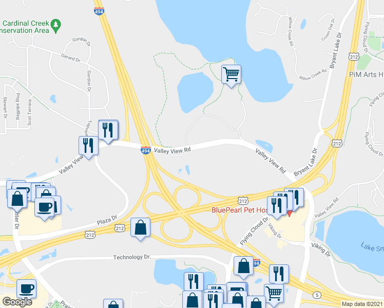 map of restaurants, bars, coffee shops, grocery stores, and more near 7500 Office Ridge Circle in Eden Prairie
