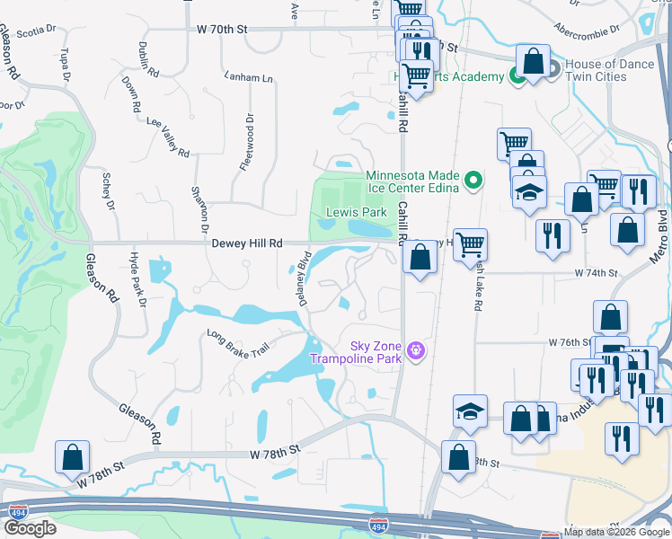 map of restaurants, bars, coffee shops, grocery stores, and more near 5601 Dewey Hill Road in Minneapolis