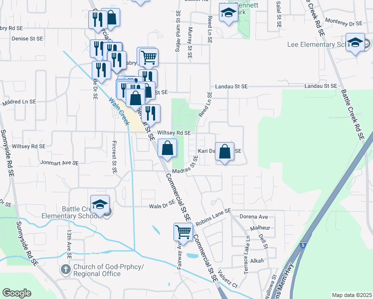 map of restaurants, bars, coffee shops, grocery stores, and more near 5991 Blue River Drive Southeast in Salem