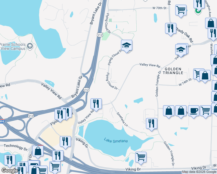 map of restaurants, bars, coffee shops, grocery stores, and more near 7500 Flying Cloud Drive in Eden Prairie