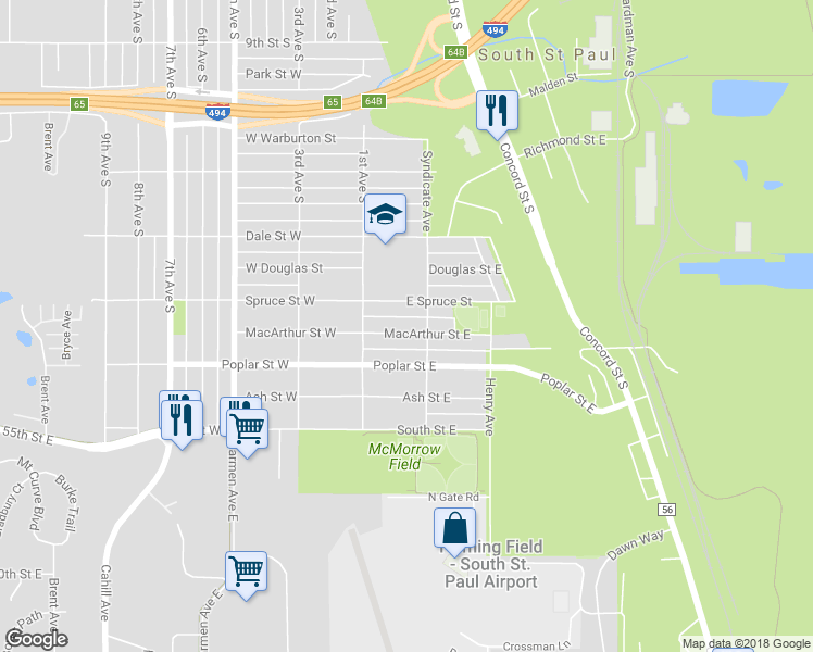 map of restaurants, bars, coffee shops, grocery stores, and more near 141 Macarthur Street East in South Saint Paul