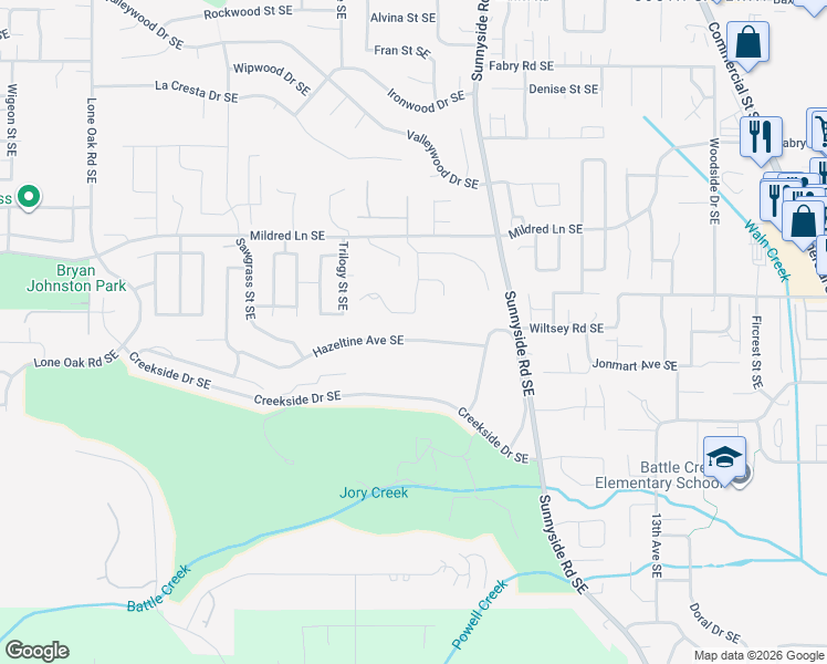 map of restaurants, bars, coffee shops, grocery stores, and more near 838 Hazeltine Avenue Southeast in Salem