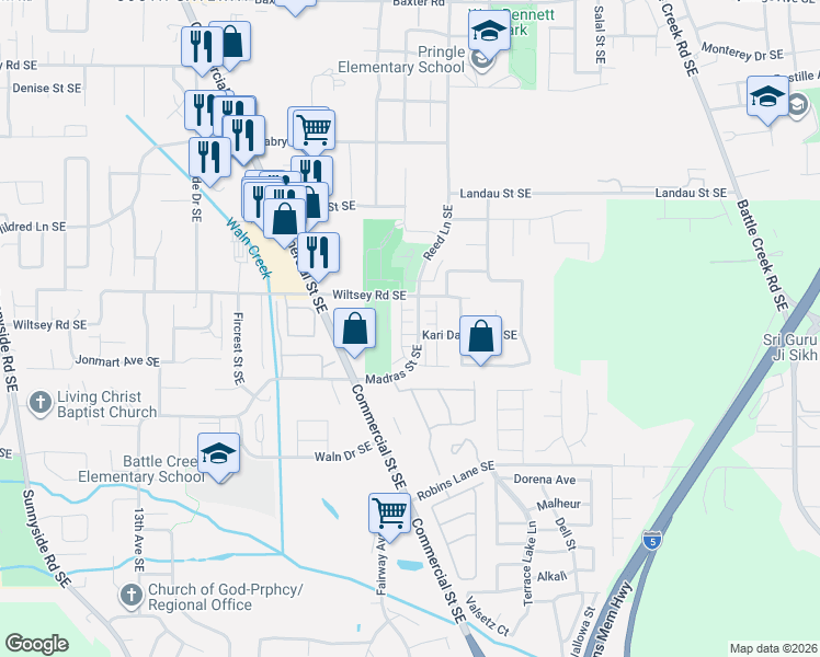 map of restaurants, bars, coffee shops, grocery stores, and more near 1958 Kari Dawn Avenue Southeast in Salem