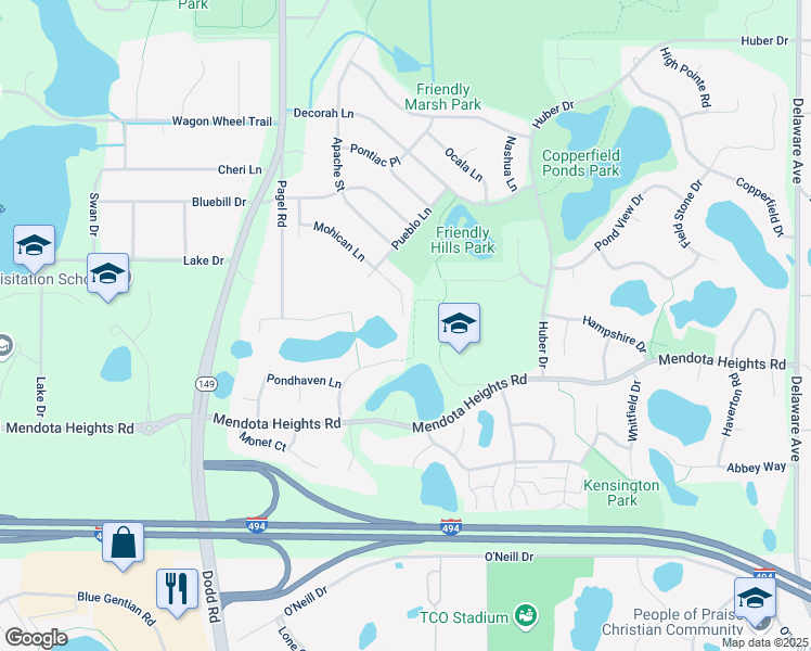 map of restaurants, bars, coffee shops, grocery stores, and more near 723 Mohican Court in Mendota Heights