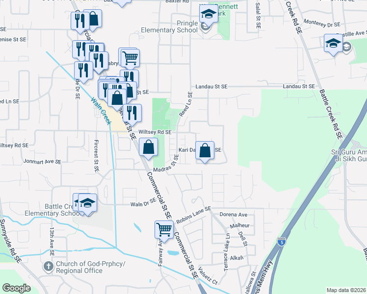 map of restaurants, bars, coffee shops, grocery stores, and more near 1989 Kari Dawn Avenue Southeast in Salem