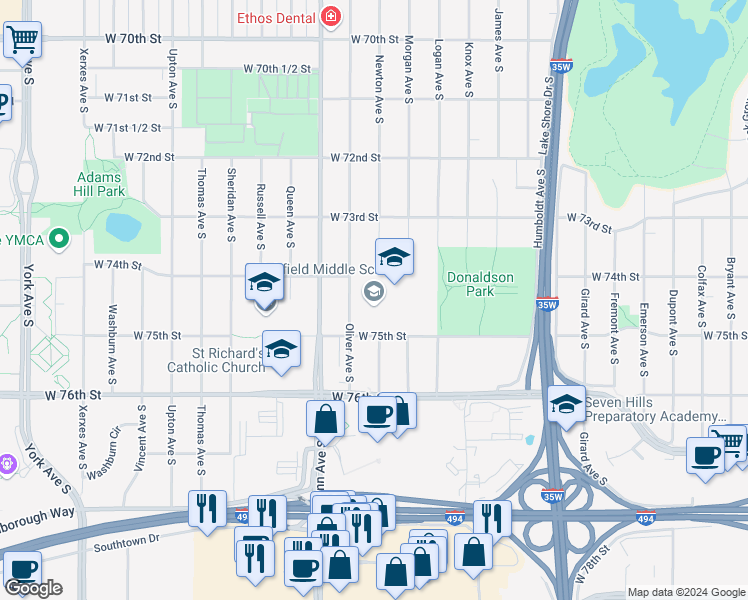 map of restaurants, bars, coffee shops, grocery stores, and more near 7461 Oliver Avenue South in Minneapolis
