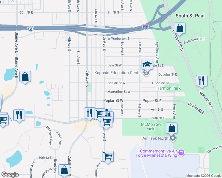 map of restaurants, bars, coffee shops, grocery stores, and more near 239 Macarthur Street West in South Saint Paul