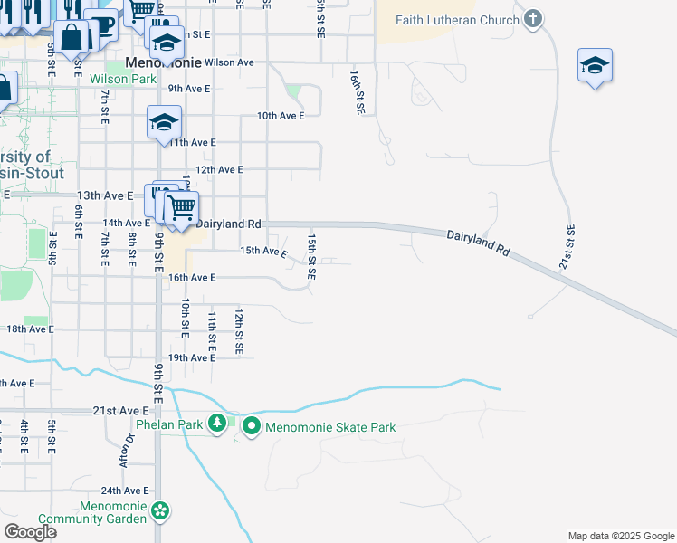 map of restaurants, bars, coffee shops, grocery stores, and more near 1608 15th Street Southeast in Menomonie