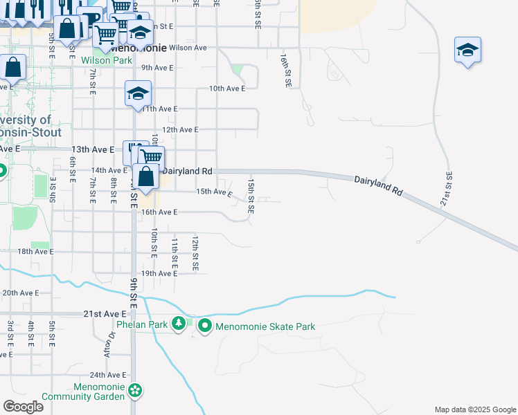 map of restaurants, bars, coffee shops, grocery stores, and more near 1409 16th Avenue East in Menomonie