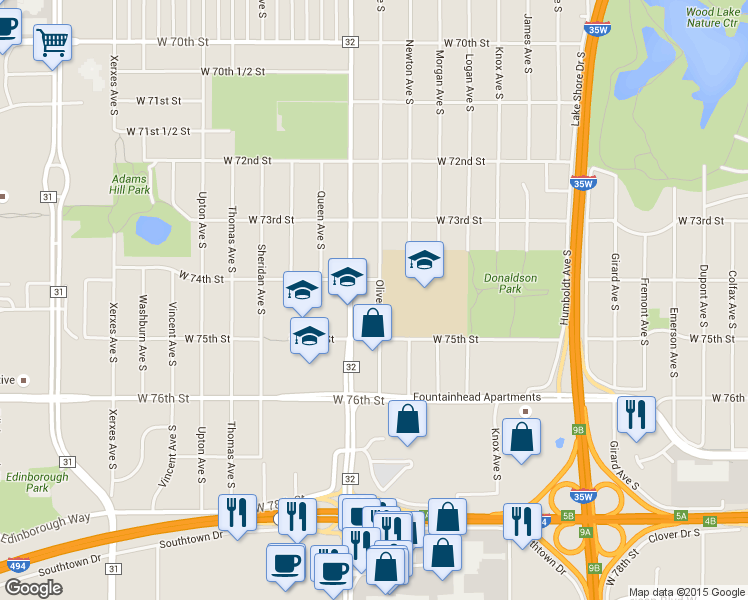 map of restaurants, bars, coffee shops, grocery stores, and more near 7434 Oliver Avenue South in Minneapolis