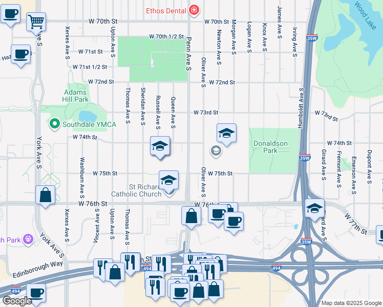 map of restaurants, bars, coffee shops, grocery stores, and more near 7450 Penn Avenue South in Minneapolis