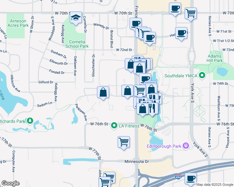 map of restaurants, bars, coffee shops, grocery stores, and more near in Edina